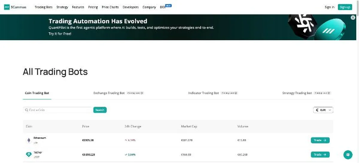 3Commas all trading bots page listing coin, exchange, indicator and strategy bots