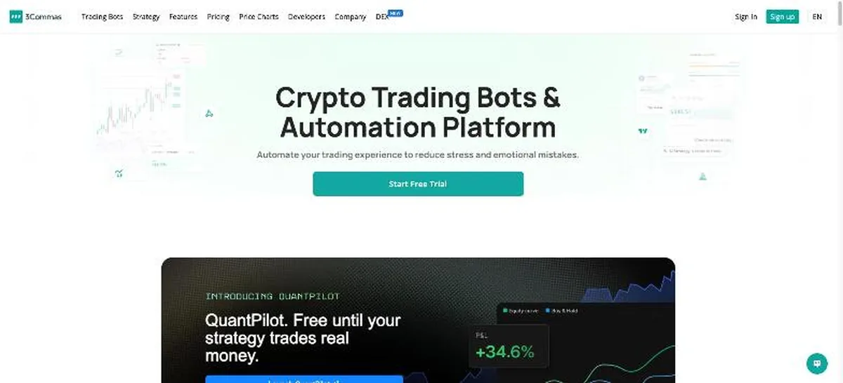 3Commas homepage headline Crypto Trading Bots and Automation Platform with QuantPilot promo