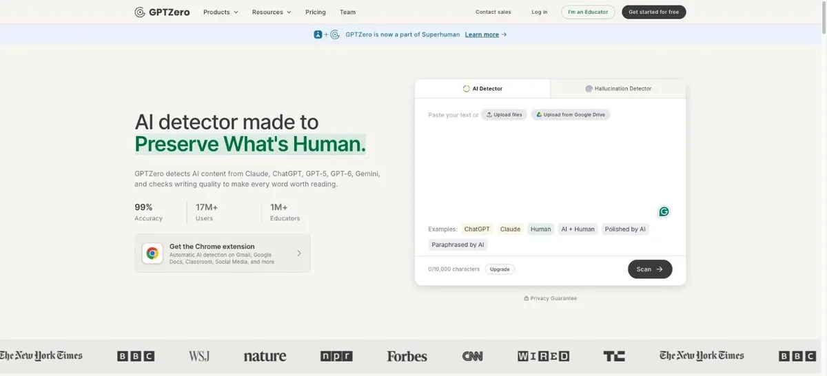 GPTZero homepage with the paste-your-text scanner and the Superhuman banner