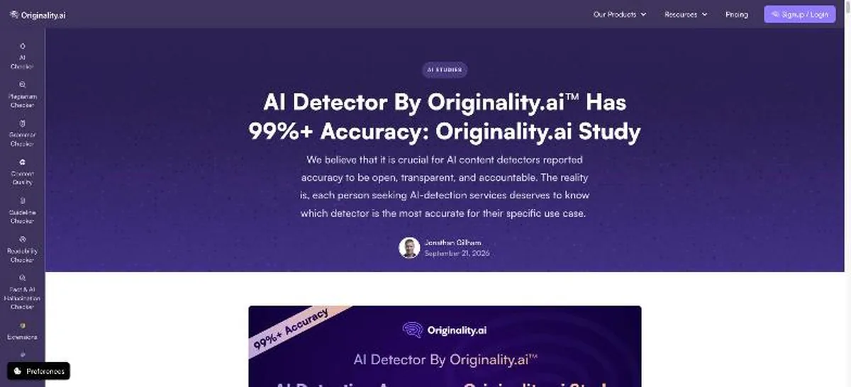 Originality.ai blog post titled AI Detector has 99 percent plus accuracy