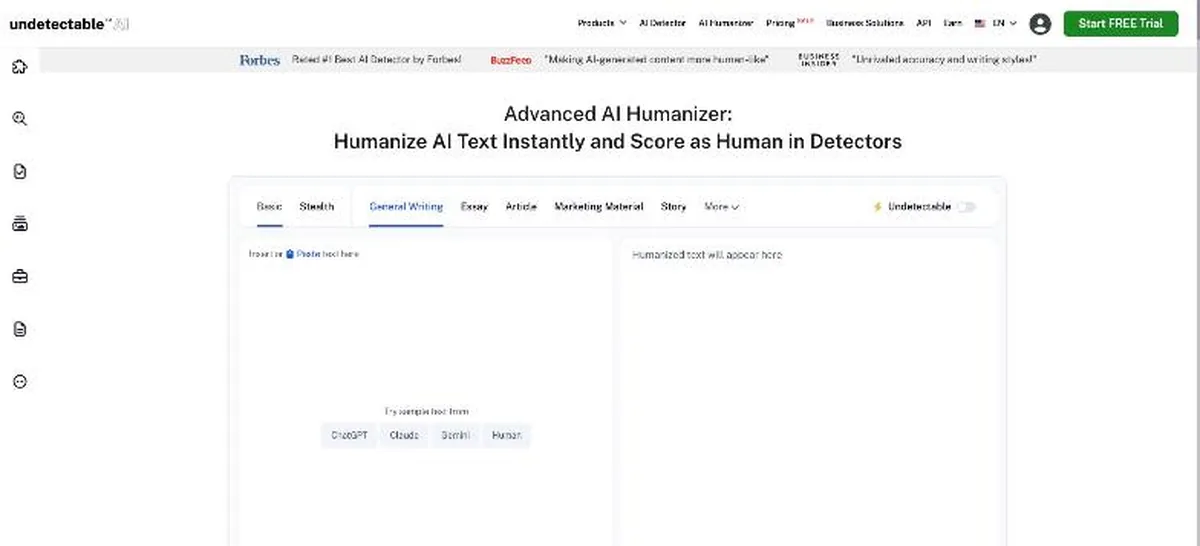 Undetectable AI humanizer tool with writing style tabs such as Essay, Article and Story