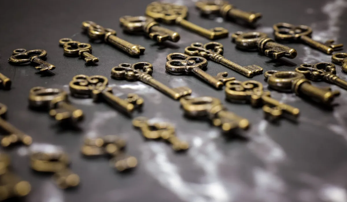 A set of physical keys on a desk beside a laptop, illustrating API key permissions